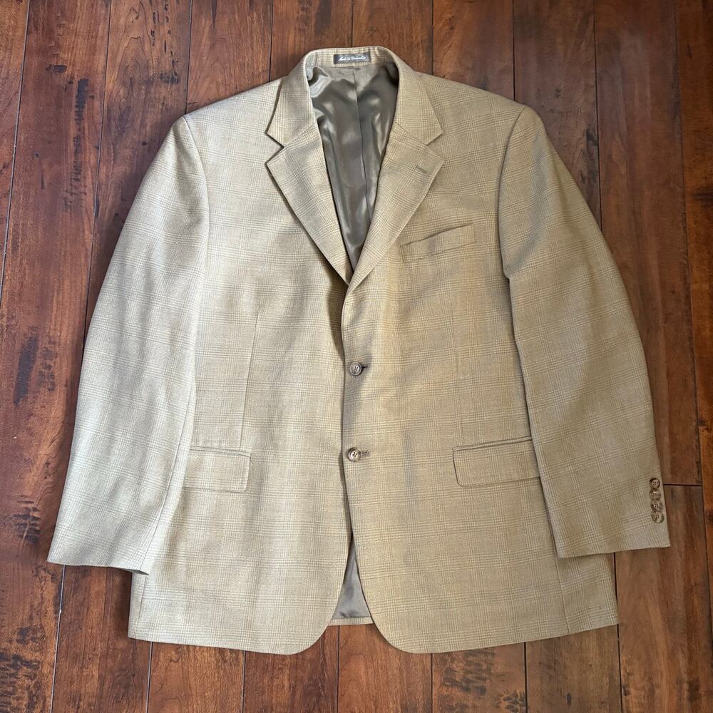 Oscar de La Renta Blazer Mens 46R Beige Pure Wool Windowpane Plaid Business